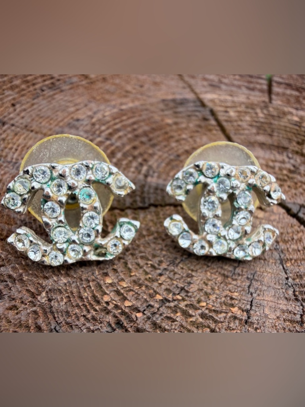 CHANEL Vintage Crystal Double C Stud Earrings - Clear Crystal and Silver Tone - Picture 2 of 10